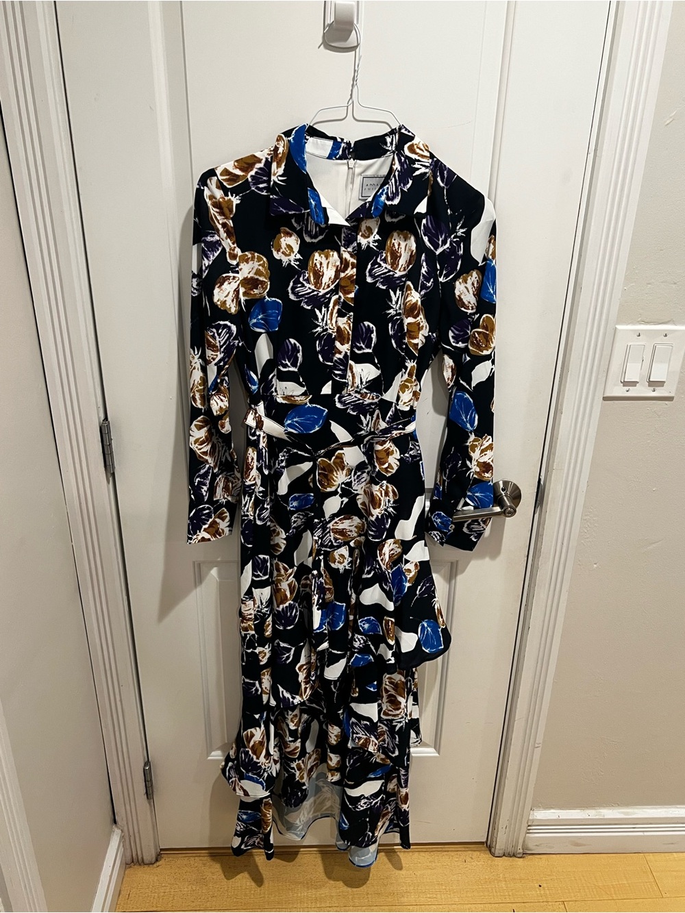 Long Sleeve Floral Maxi Shirt Dress in Navy, Blue & Brown